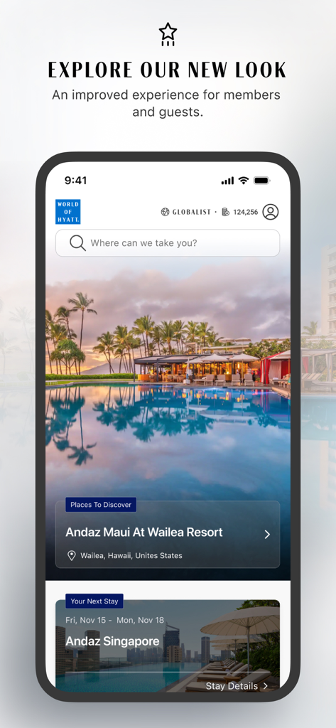 World of Hyatt: Book Hotels - World of Hyattアプリのホーム画面、Globalistステータスとホテル予約オプションが表示された新しいデザインを表示