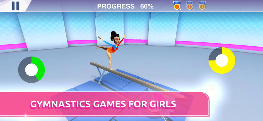 Gymnastics Training 3D: Master - A female gymnast performing a routine on a balance beam in a 3D simulation game.