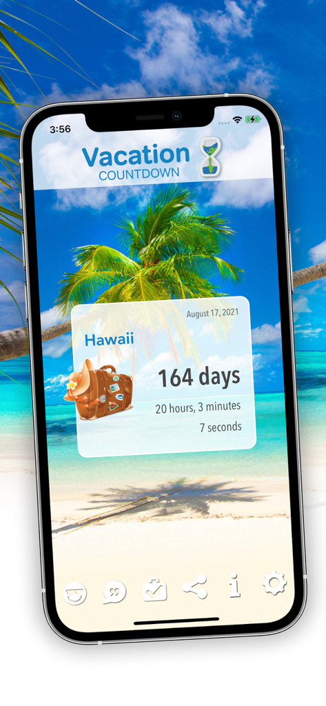 Interface do App de Contagem Regressiva de Férias mostrando uma contagem regressiva para uma viagem ao Havaí em um fundo de praia tropical