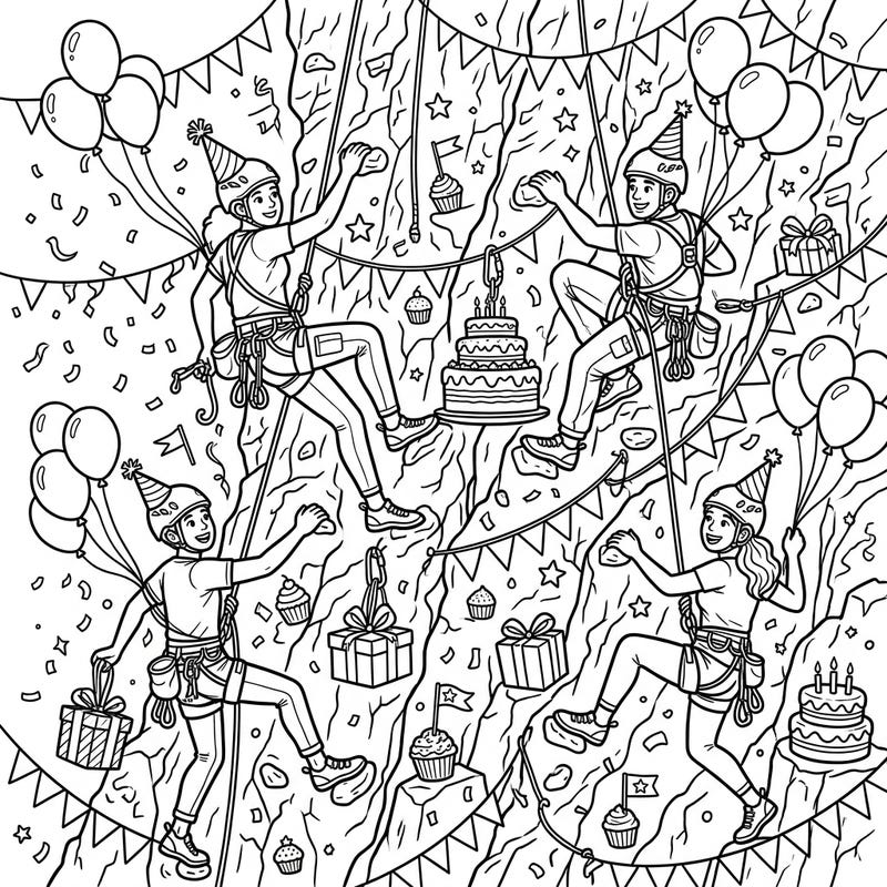 Get ready for an epic celebration with this free climbers birthday party coloring page. It's packed with adventurous climbers and festive decorations for hours of creative fun.