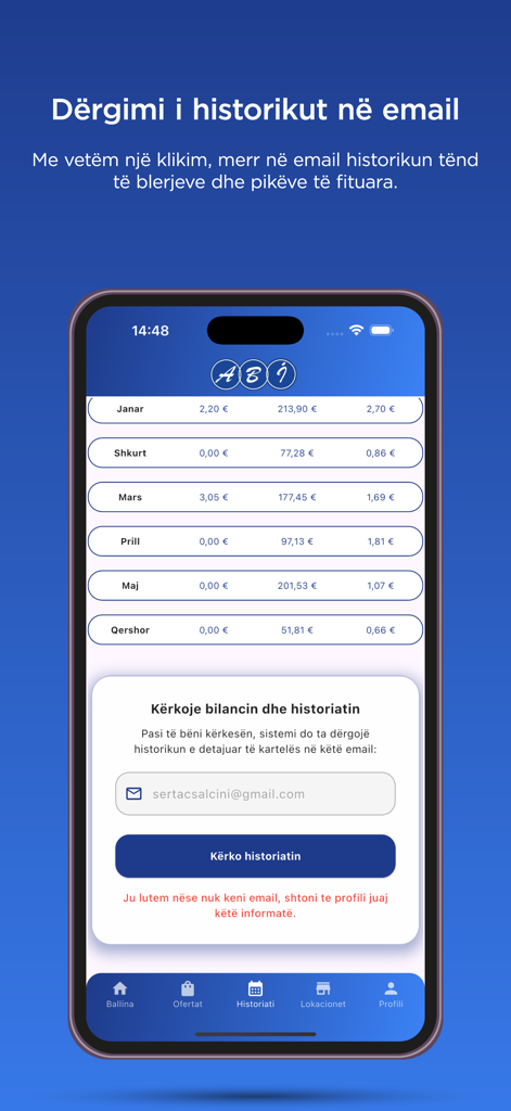 ABI Bonus - ABI Bonus app screen displaying monthly purchase history and email request feature