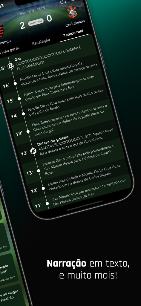 Narrazione testuale in tempo reale di una partita di calcio tra Flamengo e Corinthians nell'app Brasileirao Pro