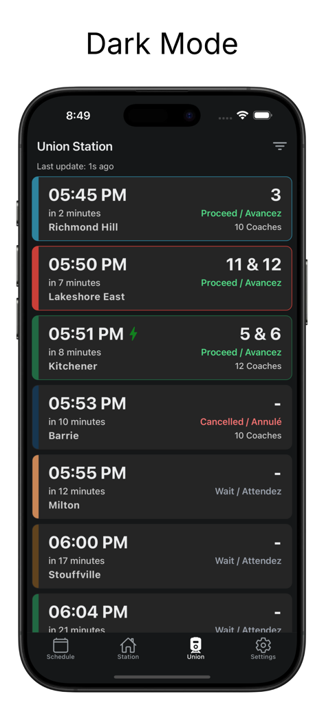 Go Train Track - iPhone screenshot of the Go Train Track app showing Union Station departures and platform information in dark mode