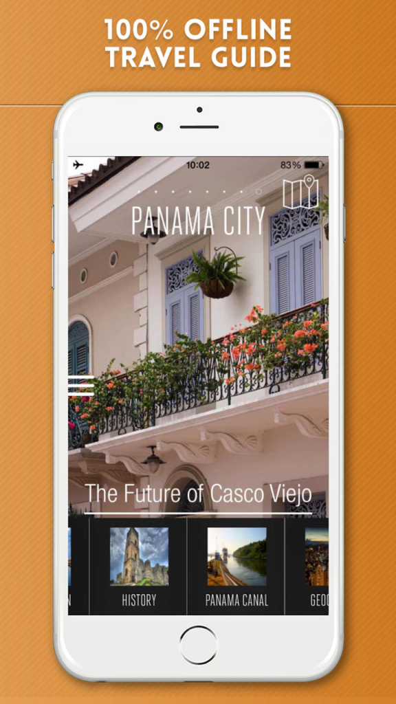 Panamá City Travel Guide with Offline Street Map - Panama City travel guide app interface showing Casco Viejo and Panama Canal information