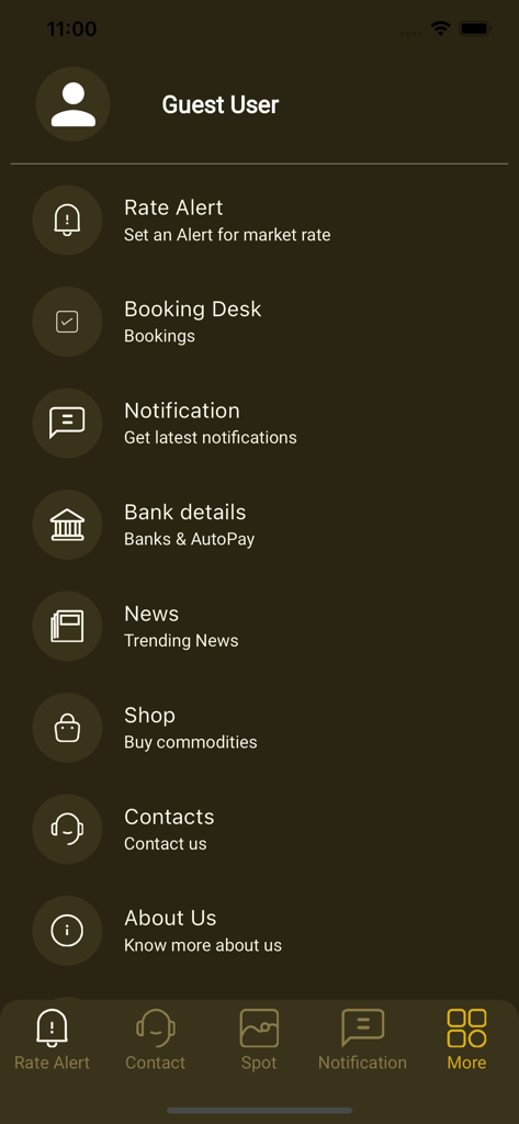 MAX GOLD - A screenshot of the more options menu in the MAX GOLD app showing guest user features like rate alerts and news.