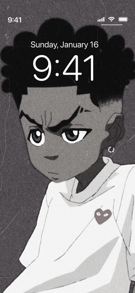 Black and white anime character wallpaper on an iPhone lock screen