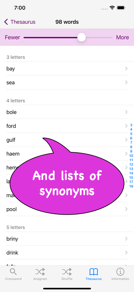 Thesaurus screen in the Crossword and Anagram Solver app showing lists of synonyms organized by word length.
