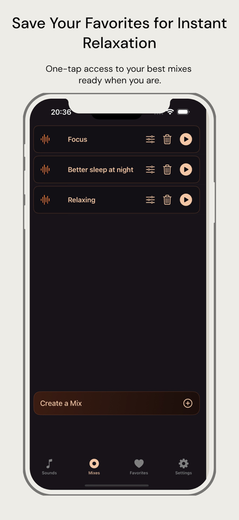La pantalla de mezclas de sonido favoritas en la aplicación White Moises que muestra opciones de concentración y sueño