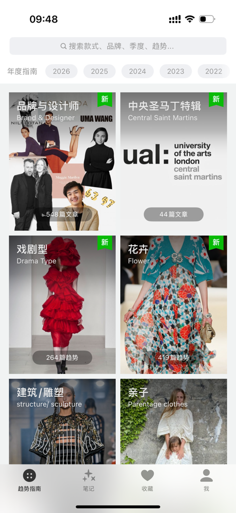 Interfaccia dell'app Daily Fashion che mostra guide sulle tendenze per stilisti, studenti e professionisti della moda.