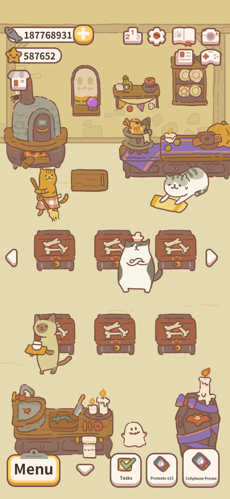 animal restaurant - Una scena di cucina accogliente in Animal Restaurant con simpatico staff di gatti e decorazioni a tema spettrale