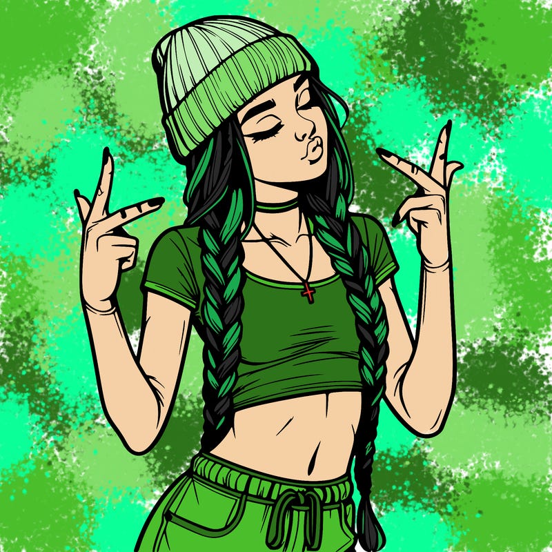 realistic teenage girl with braids and a beanie and crop top doing 🫶🏼