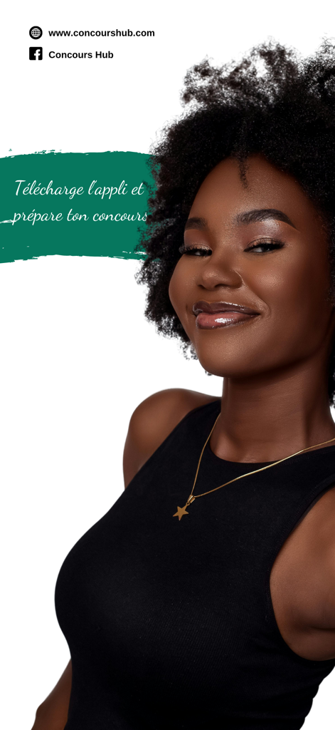 Concours Hub - Une jeune femme souriante faisant la promotion de l'application Concours Hub pour la préparation aux concours.