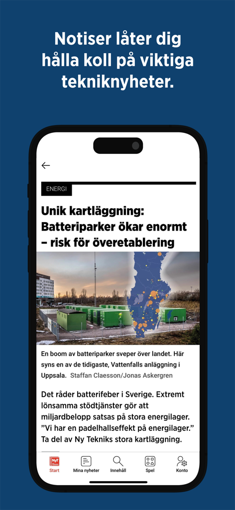 Smartphone screen of Ny Teknik Nyheter app showing a news article about battery park growth in Sweden.
