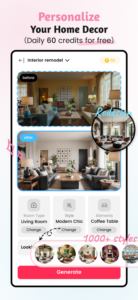 AI Home Design: Ideal House - Mobile app interface showing a before and after interior remodel of a living room using AI design styles.