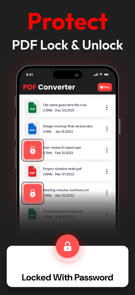 PDF Converterアプリのインターフェース。ドキュメントロックおよびパスワード保護機能が表示されています。