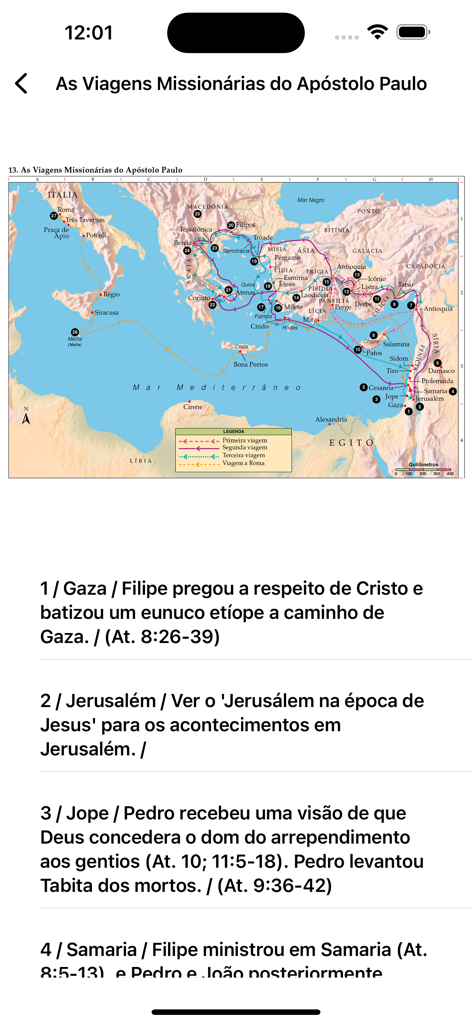 Biblia CCB - Um mapa mostrando as viagens missionárias do Apóstolo Paulo com texto descritivo no aplicativo Biblia CCB.