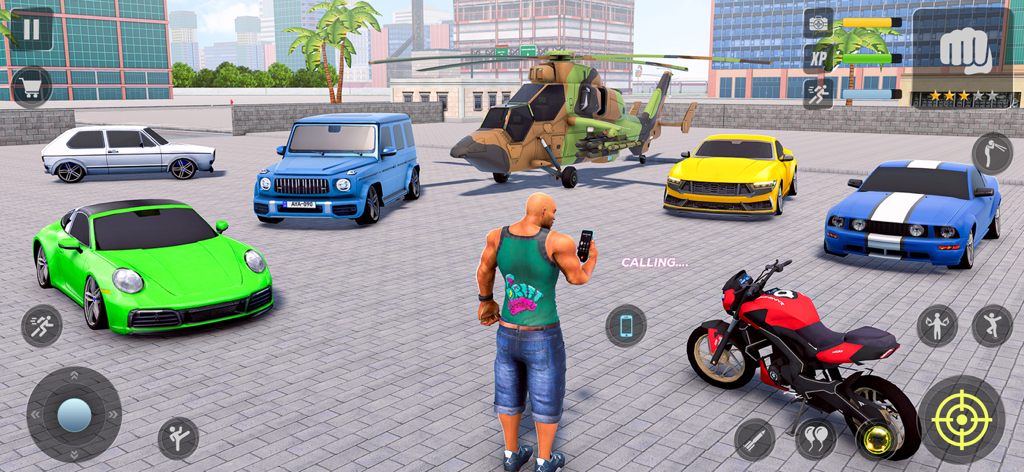 Vegas Gangster Shooting Games - Um personagem do jogo em um ambiente urbano cercado por carros esportivos, uma motocicleta e um helicóptero militar.