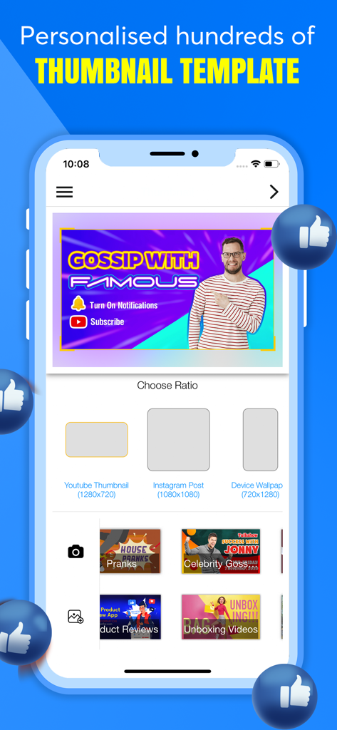 Thumbnail Maker Studio Editor - Interfaz de la aplicación Thumbnail Maker Studio mostrando varias plantillas de miniaturas de video y opciones de relación de aspecto para redes sociales.