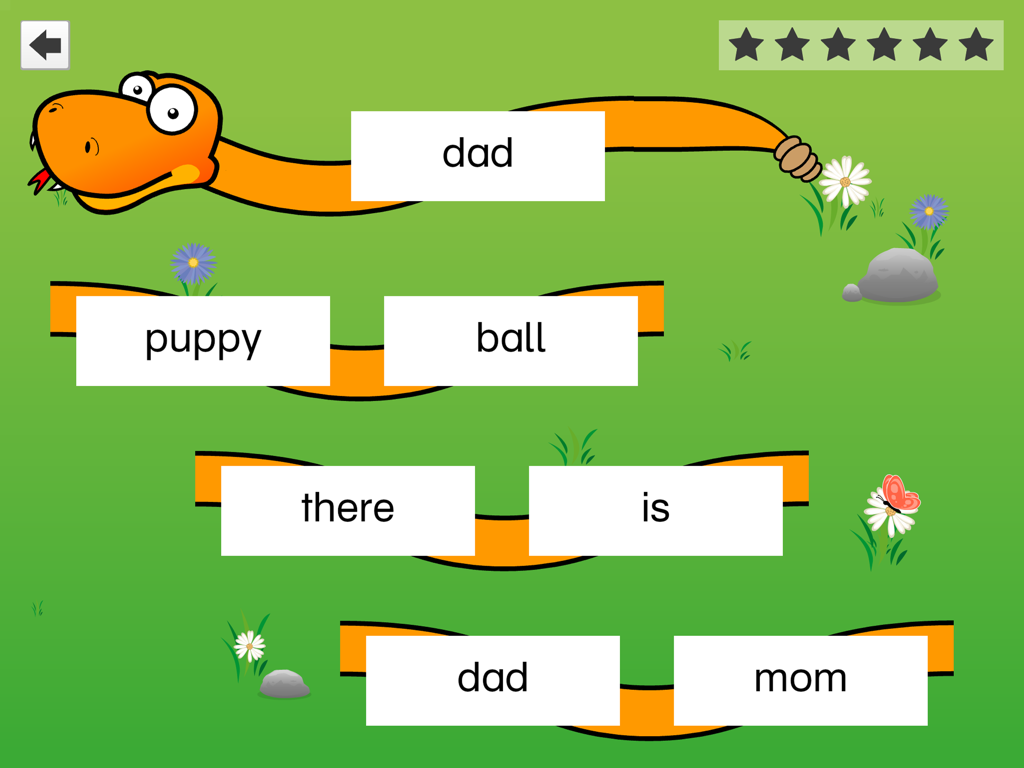 FlashWords AAC - FlashWords AAC educational game screen showing a cartoon snake with word cards like dad puppy and ball for whole word recognition
