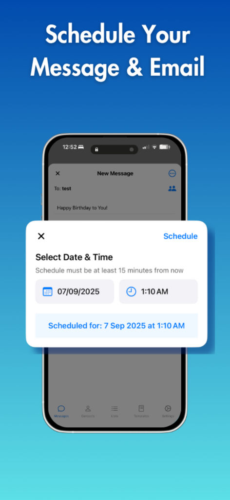 Una interfaz móvil para programar mensajes de texto y correos electrónicos masivos con selección de fecha y hora.