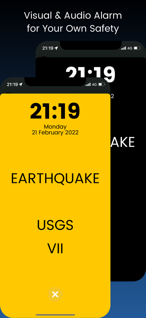 Smartphone screen displaying a bright yellow earthquake alarm with USGS intensity level VII alert in the iTools app.