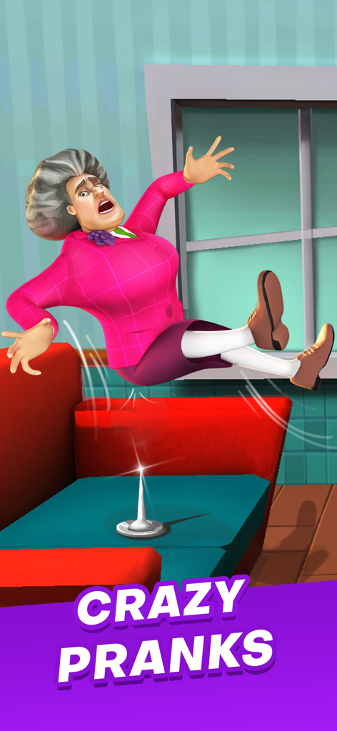 Hide and Prank - La aterradora maestra Señorita T cayendo sobre un pincho plateado de broma en un sofá rojo