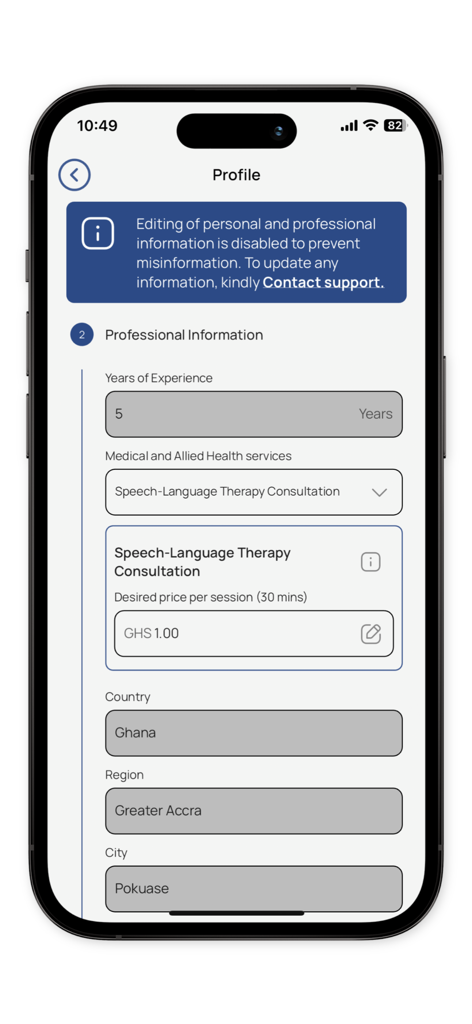 My.Doctor - Abschnitt mit dem professionellen Profil der My.Doctor-App, der die Berufserfahrung, medizinischen Dienstleistungen und Standortinformationen eines Arztes anzeigt.