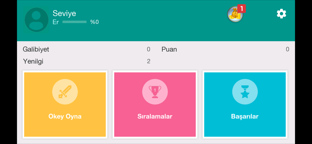 Main menu of the Okey offline mobile app showing player statistics and navigation buttons for starting a game rankings and achievements.