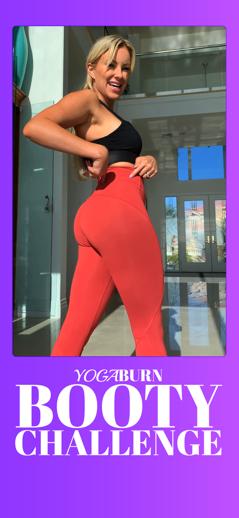 Yoga Burn App - A fit woman in red leggings posing for the Yoga Burn Booty Challenge