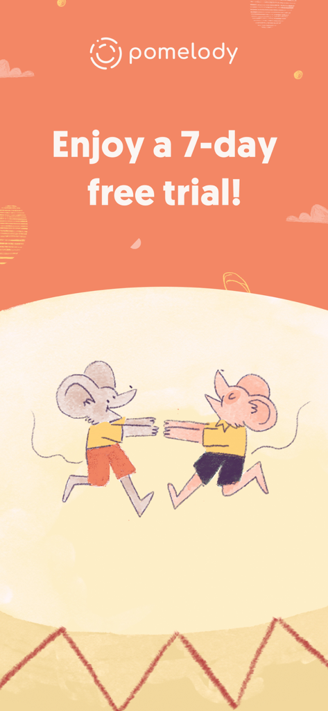 Pomelody Family Music & Fun - Écran de l'application Pomelody proposant un essai gratuit de 7 jours avec des souris illustrées.