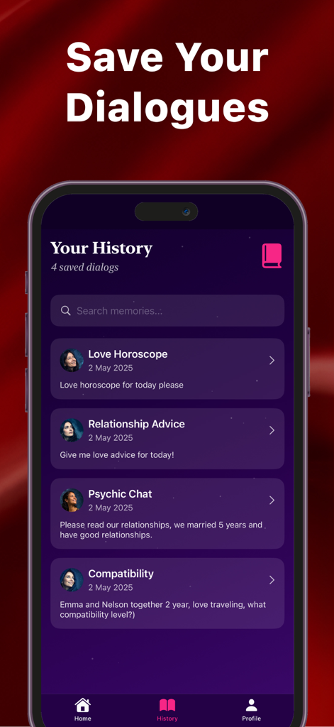 Pantalla que muestra el historial de chat guardado para horóscopos de amor y consejos de relaciones.