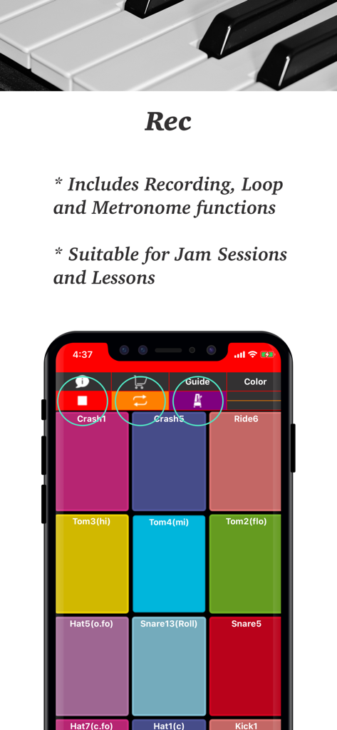 Drum PAD + - Real Finger Drums - Drum PAD plus app interface showing recording and loop features with colorful percussion pads