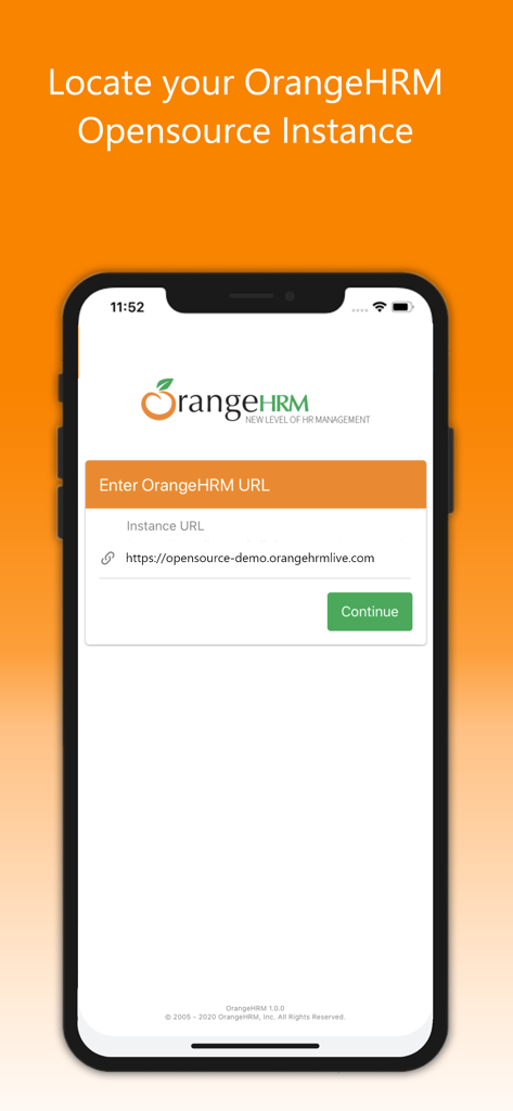 OrangeHRM Open Source - OrangeHRM Open Source app setup screen for entering the organization instance URL