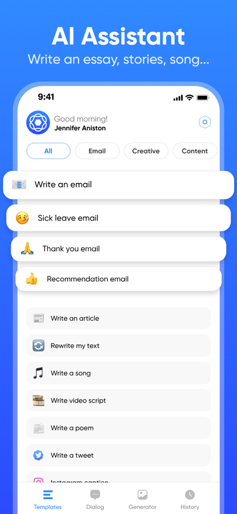 Chat AI & Generator - AI Assistant mobile app screen showing writing templates for emails and social media posts