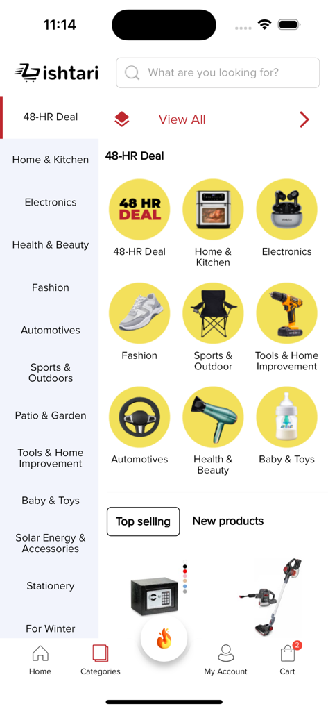 Ishtari Shopping App Home-Bildschirm mit verschiedenen Produktkategorien und meistverkauften Artikeln