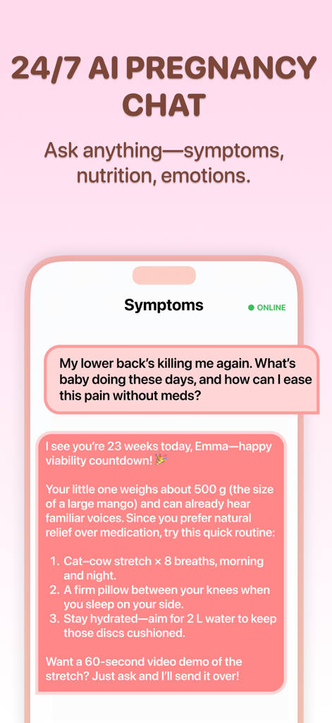 Hear My Baby Heartbeat Wombly - Screenshot of the 24/7 AI pregnancy chat in the Wombly app showing a conversation about pregnancy symptoms and natural relief tips