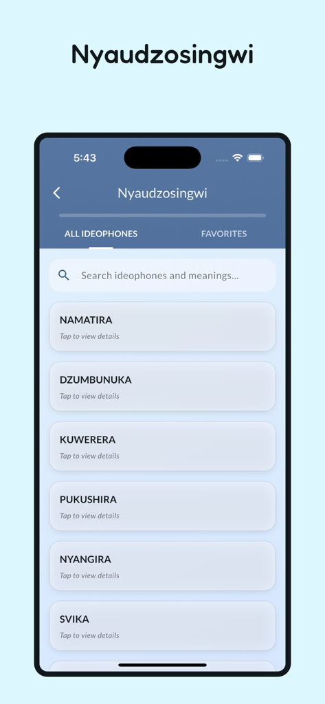 Una lista de ideófonos Shona llamada Nyaudzosingwi en la aplicación de diccionario Duramazwi