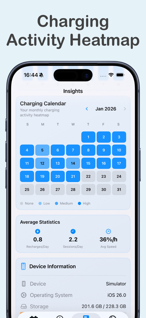 Battery Health Pro - Monthly charging calendar and device usage statistics in Battery Health Pro app
