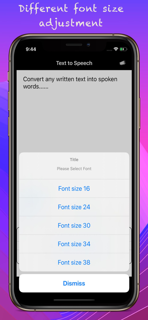 Text to Speech app interface showing font size adjustment options ranging from 16 to 38.