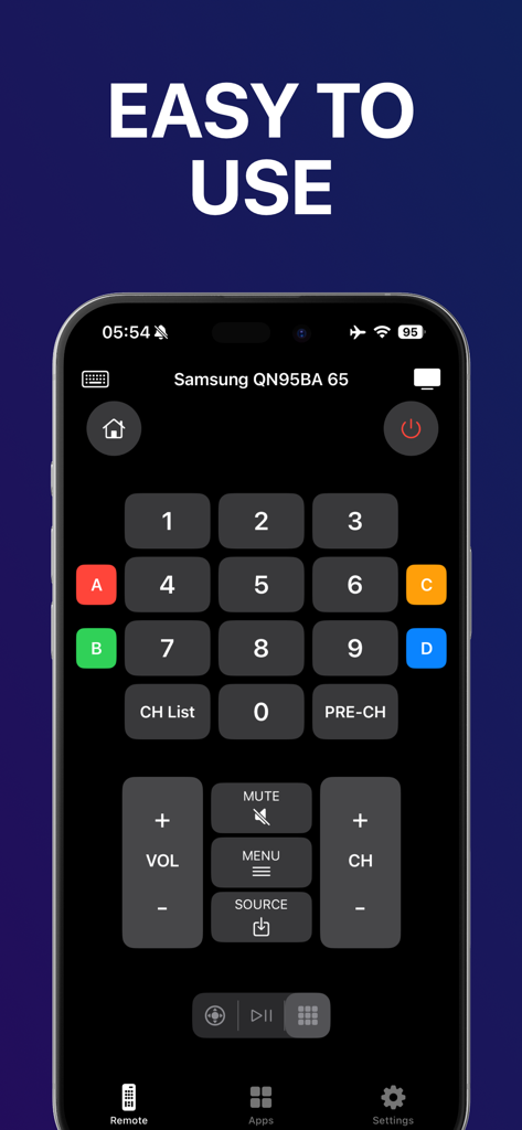 Universal TV Remote app interface on iPhone featuring a numeric keypad and volume controls for a Samsung Smart TV