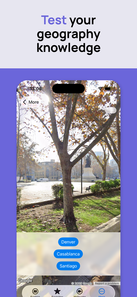 Street View 360° Panorama Maps - Geografie-Wissensquiz in der App, das eine Panorama-Straßenansicht mit Stadtauswahl-Schaltflächen zeigt.