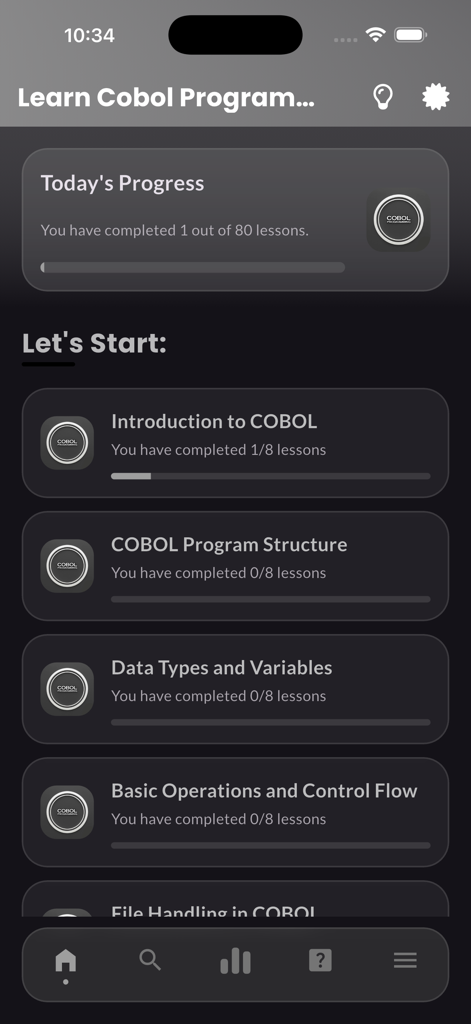 Learn Cobol Programming Pro - Dashboard of the Learn Cobol Programming app showing course modules and progress