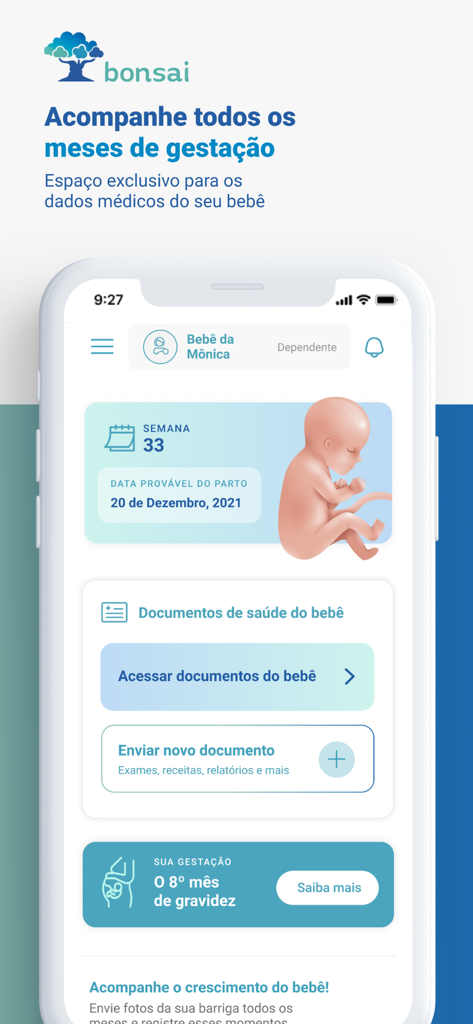Bonsai - Saúde da sua família - Smartphone screen displaying pregnancy tracking features in the Bonsai app with baby medical record options.