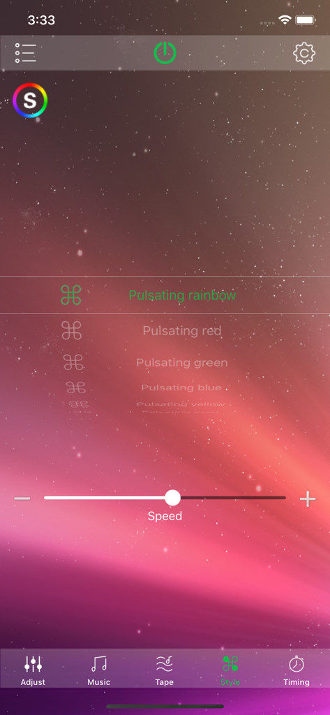 HappyLighting app screen showing pulsating rainbow style and speed controls.