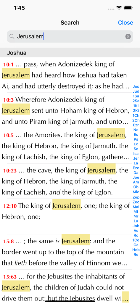 Matthew Henry Study Bible - Search results for the word Jerusalem in the Matthew Henry Study Bible app showing highlighted verses in the book of Joshua.