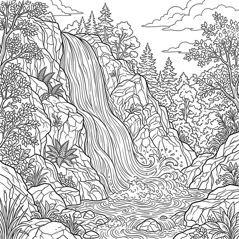 Embark on a relaxing artistic journey with this stunning Horsetail Waterfall coloring page, featuring the powerful flow of water amidst intricate natural landscapes. This detailed design invites you to bring a vibrant wilderness scene to life with your favorite colors.