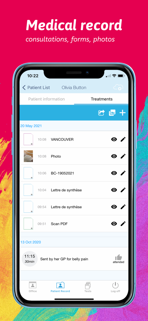 치료 기록, 사진 및 스캔 문서를 포함한 환자 의료 기록을 보여주는 Medicapp Pro 앱 인터페이스