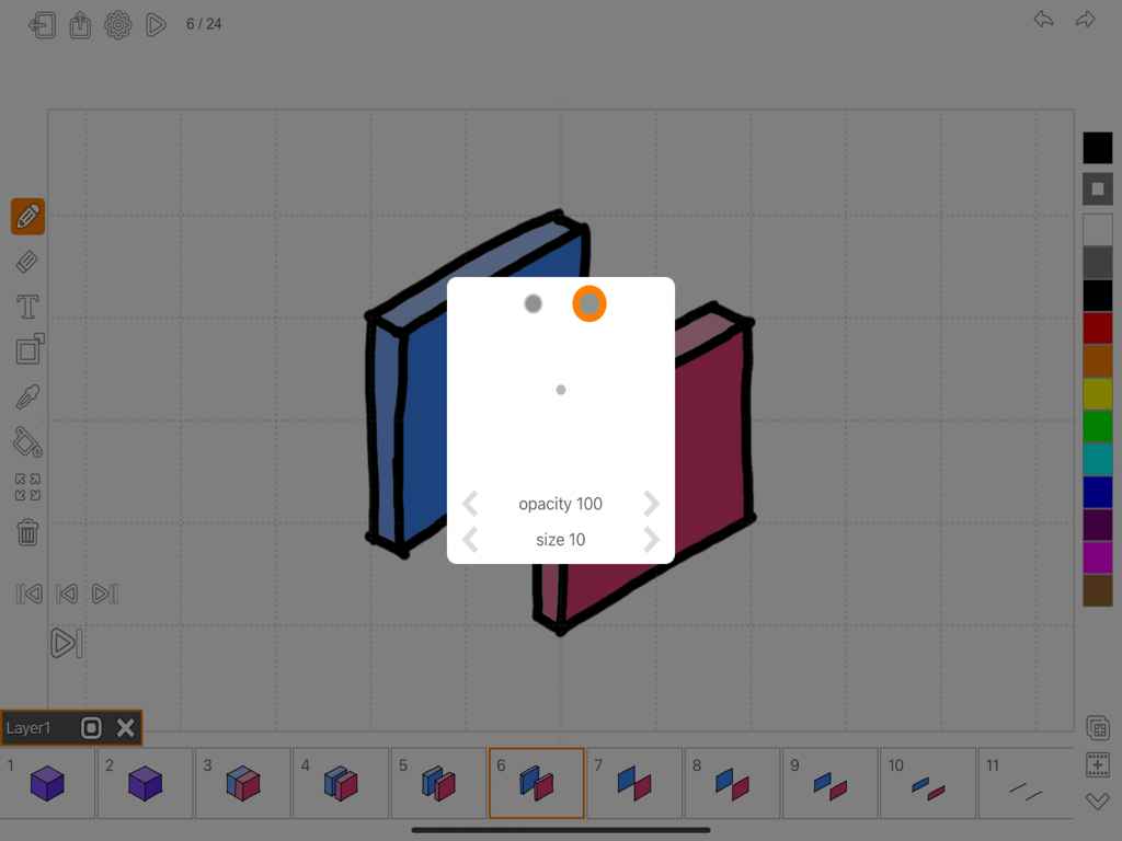 Animator Plus - Interface of Animator Plus animation app for iPad showing brush settings and frame timeline.