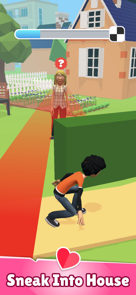 Kiss in Public: Dating Choices - オレンジ色のシャツを着たキャラクターが、見られないように庭の生け垣の後ろをこっそり忍び寄っています。