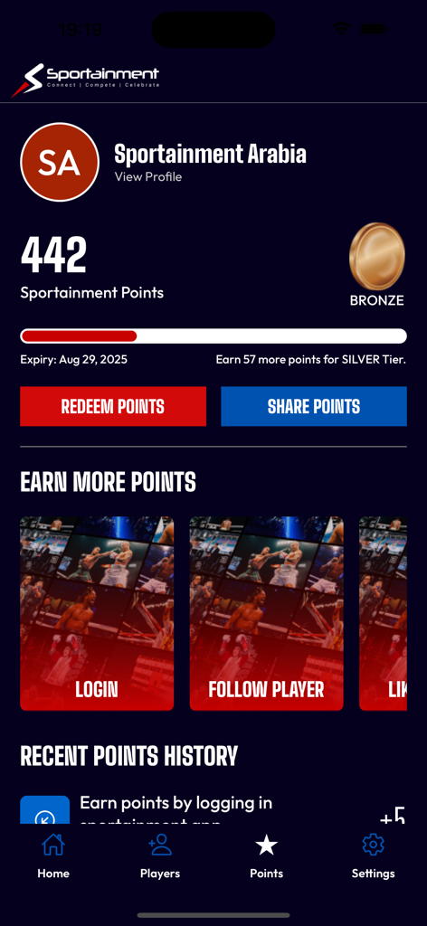 Sportainment - Sportainment app profile showing rewards points and bronze tier status